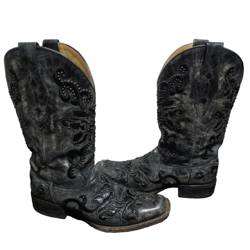 Corral A1130 Gray Distressed Leather Inlay Studs Embroidered Cowgirl Boots 10M